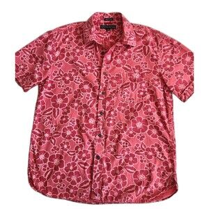Floral Batik Red Pink Tommy Hilfiger Short Sleeve Button-Up Shirt Mens L